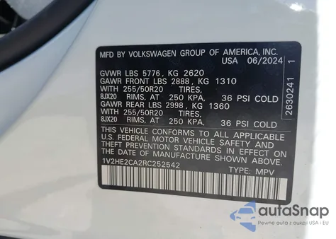 2024 Volkswagen Atlas Cross Sport 2.0T Se W/Technology из США, поврежденный, VIN 1V2HE2CA2RC252542